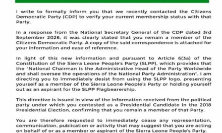 SLPP Orders Hon. Musa Tarawally to Cease Party Representation After CDP Confirmation