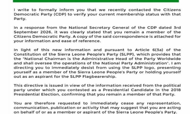 SLPP Orders Hon. Musa Tarawally to Cease Party Representation After CDP Confirmation
