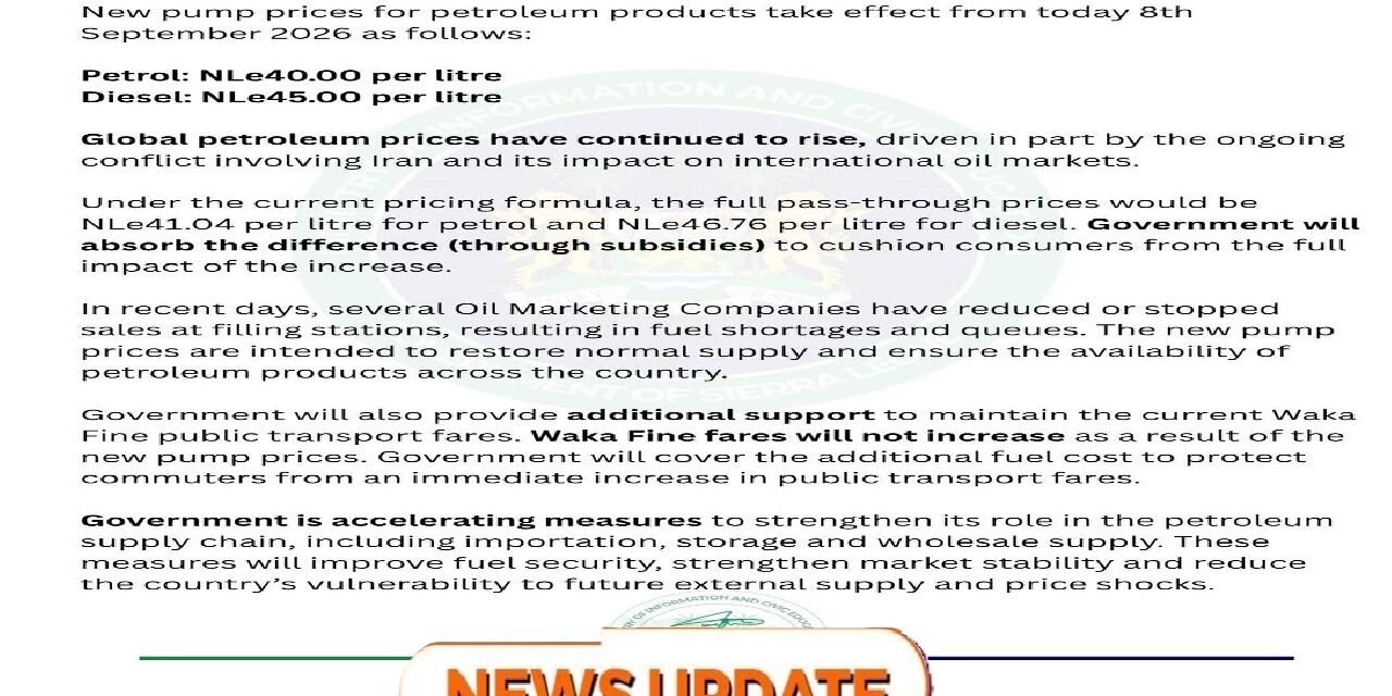 Government Sets New Pump Prices: Petrol at NLe40, Diesel at NLe45