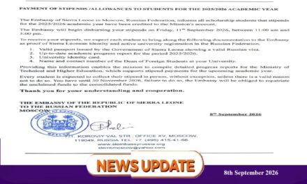 Sierra Leone Embassy in Moscow Begins Disbursement of Student Stipends