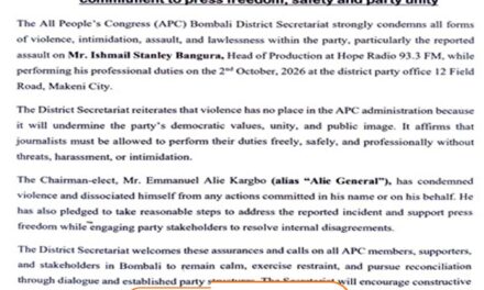 APC Bombali Condemns Alleged Assault on Hope FM Journalist, Reaffirms Commitment to Press Freedom