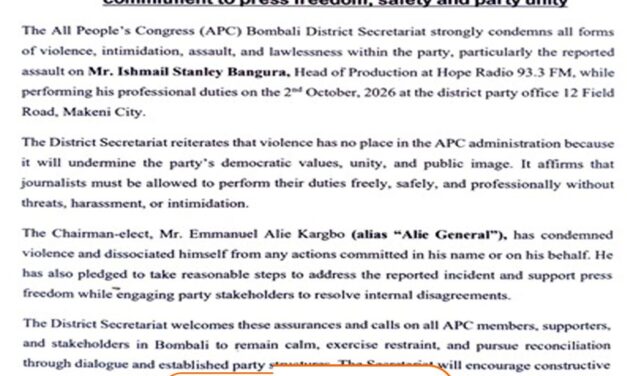 APC Bombali Condemns Alleged Assault on Hope FM Journalist, Reaffirms Commitment to Press Freedom