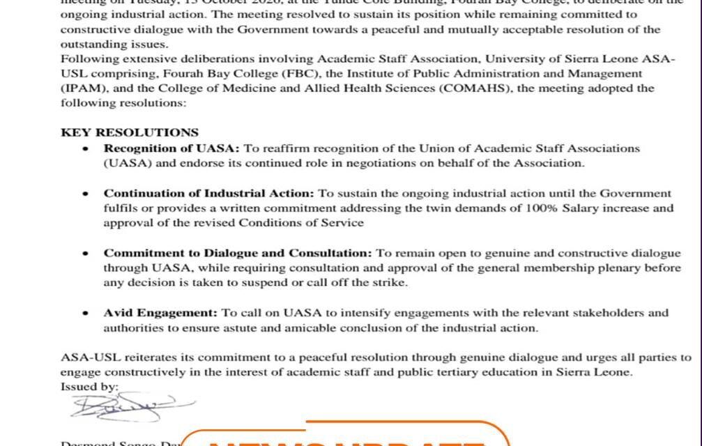 ASA-USL Reaffirms Continuation of Industrial Action Until Government Addresses Salary and Conditions of Service Demands