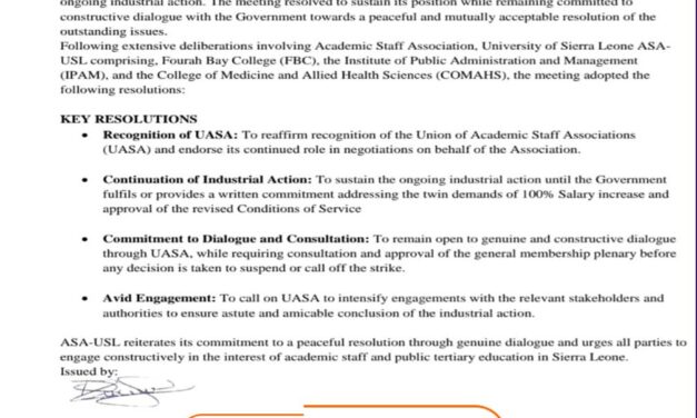 ASA-USL Reaffirms Continuation of Industrial Action Until Government Addresses Salary and Conditions of Service Demands