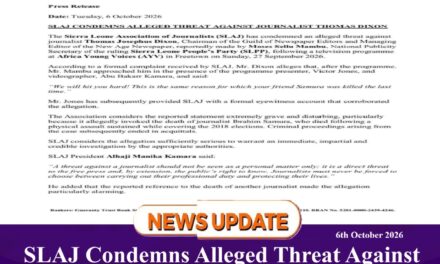SLAJ Condemns Alleged Threat Against Newspaper Editor and GUILD Chairman Thomas Dixon, Calls for Urgent Investigations