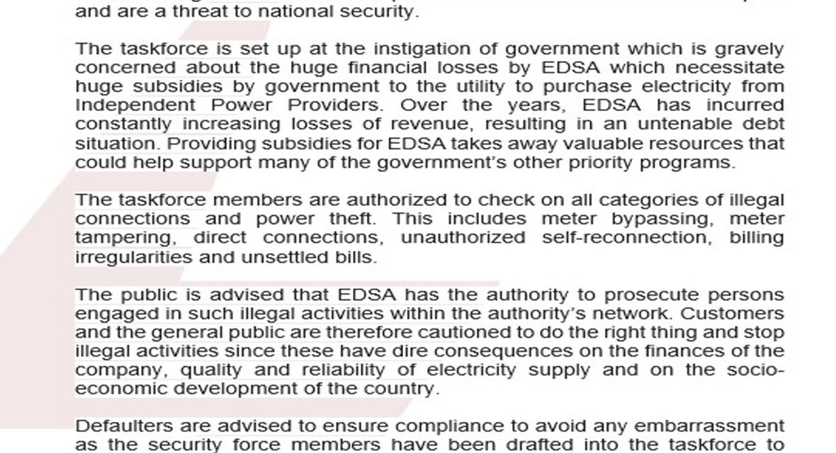 Government Launches Anti-Power Theft Taskforce as EDSA Moves to Curb Revenue Losses