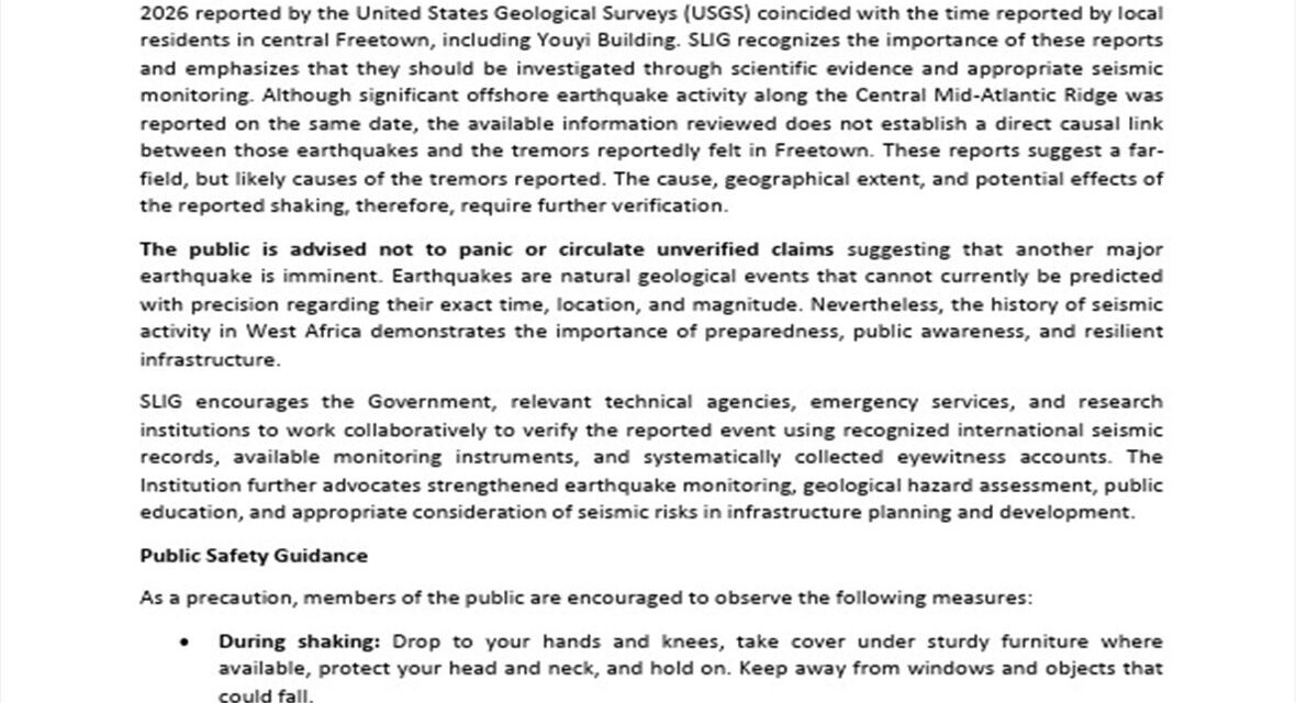 Geoscientists Call for Scientific Investigation into Reported Freetown Tremors, Urge Residents to Remain Calm   
