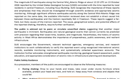 Geoscientists Call for Scientific Investigation into Reported Freetown Tremors, Urge Residents to Remain Calm   