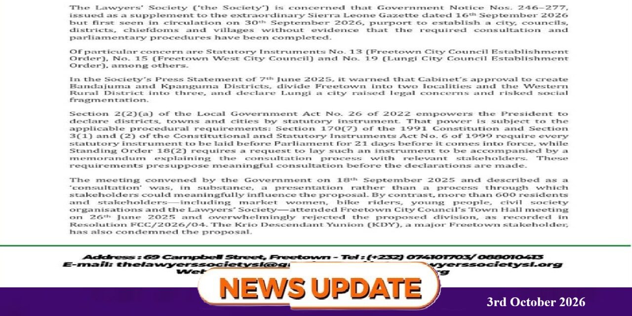 Lawyers’ Society Calls For Withdrawal Of Statutory Instruments Creating New Districts And Cities