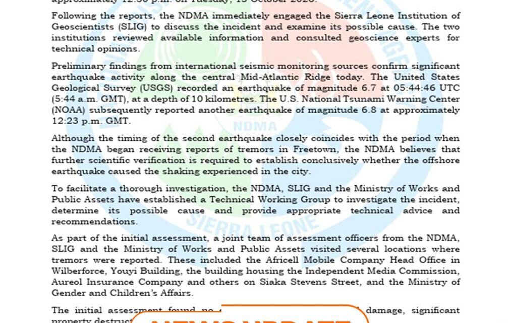 NDMA Investigates Reported Tremors in Freetown After Powerful Atlantic Ocean Earthquakes