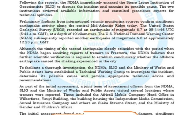 NDMA Investigates Reported Tremors in Freetown After Powerful Atlantic Ocean Earthquakes