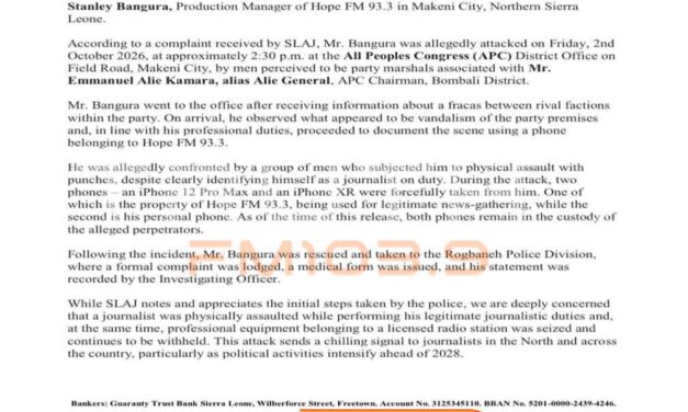 SLAJ Condemns Alleged Assault on Hope FM Journalist, Demands Return of Seized Phones