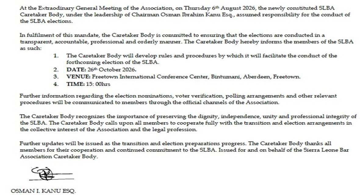 SLBA Sets October 26 As Date for Elections