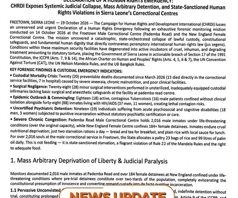 CHRDI Declares Human Rights Emergency Over Conditions in Sierra Leone’s Correctional Centres