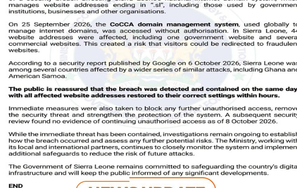Government Confirms Breach of Sierra Leone’s .sl Internet Domain System, Says 44 Websites Affected